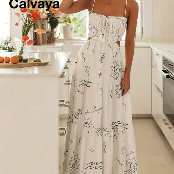 Dresses & Skirts - White Maxi Dress with Black Abstract Print
